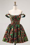 Off The Shoulder Dark Green Brocade Floral A Line Printed Abiti Da Cocktail