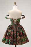 Off The Shoulder Dark Green Brocade Floral A Line Printed Abiti Da Cocktail