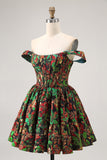 Off The Shoulder Dark Green Brocade Floral A Line Printed Abiti Da Cocktail