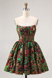 Off The Shoulder Dark Green Brocade Floral A Line Printed Abiti Da Cocktail