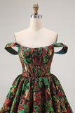 Off The Shoulder Dark Green Brocade Floral A Line Printed Abiti Da Cocktail