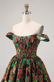 Off The Shoulder Dark Green Brocade Floral A Line Printed Abiti Da Cocktail