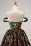 Off The Shoulder Dark Green Brocade Floral A Line Printed Abiti Da Cocktail