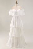 Bianco Off the Shoulder Ruffle Chiffon A Line Abito da sposa