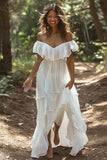 Bianco Off the Shoulder Ruffle Chiffon A Line Abito da sposa