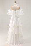 Bianco Off the Shoulder Ruffle Chiffon A Line Abito da sposa