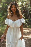 Bianco Off the Shoulder Ruffle Chiffon A Line Abito da sposa