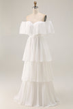 Bianco Off the Shoulder Ruffle Chiffon A Line Abito da sposa