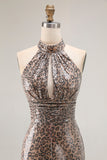 Glitter Golden Leopard Mermaid Halter Abito da ballo lungo con fessura