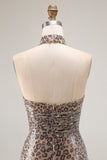 Glitter Golden Leopard Mermaid Halter Abito da ballo lungo con fessura
