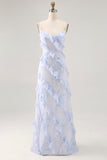 Blu fiore spaghetti cinghie stampato abito da sposa ospite con volant