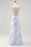 Blu fiore spaghetti cinghie stampato abito da sposa ospite con volant