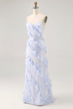Blu fiore spaghetti cinghie stampato abito da sposa ospite con volant