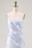 Blu fiore spaghetti cinghie stampato abito da sposa ospite con volant