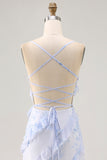 Blu fiore spaghetti cinghie stampato abito da sposa ospite con volant