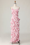 Blush fiore guaina Spaghetti Straps arruffato lungo Abito da damigella con fessura
