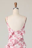Blush fiore guaina Spaghetti Straps arruffato lungo Abito da damigella con fessura
