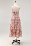 Blush Flower A Line Spaghetti Straps stampato Tiered Wedding Guest Dress