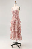 Blush Flower A Line Spaghetti Straps stampato Tiered Wedding Guest Dress