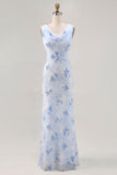 Blu fiore cappuccio collo guaina abito da sposa lungo ospite