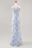 Blu fiore cappuccio collo guaina abito da sposa lungo ospite