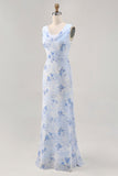 Blu fiore cappuccio collo guaina abito da sposa lungo ospite