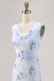 Blu fiore cappuccio collo guaina abito da sposa lungo ospite