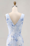 Blu fiore cappuccio collo guaina abito da sposa lungo ospite