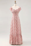 Blush fiore stampato increspato una linea abito da sposa ospite con fessura