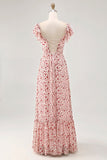 Blush fiore stampato increspato una linea abito da sposa ospite con fessura