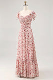 Blush fiore stampato increspato una linea abito da sposa ospite con fessura