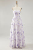Tiered Lavender Flower A Line senza spalline Abito da damigella d'onore plissettato
