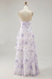 Tiered Lavender Flower A Line senza spalline Abito da damigella d'onore plissettato