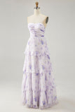 Tiered Lavender Flower A Line senza spalline Abito da damigella d'onore plissettato