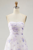 Tiered Lavender Flower A Line senza spalline Abito da damigella d'onore plissettato
