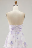 Tiered Lavender Flower A Line senza spalline Abito da damigella d'onore plissettato