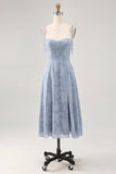 Dusty Blue A Line Midi Spaghetti Straps Abito da sposa con fessura