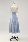Dusty Blue A Line Midi Spaghetti Straps Abito da sposa con fessura