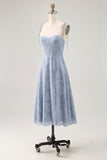Dusty Blue A Line Midi Spaghetti Straps Abito da sposa con fessura
