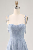 Dusty Blue A Line Midi Spaghetti Straps Abito da sposa con fessura