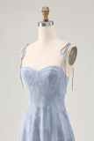 Dusty Blue A Line Midi Spaghetti Straps Abito da sposa con fessura