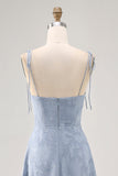 Dusty Blue A Line Midi Spaghetti Straps Abito da sposa con fessura