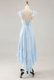 Sky Blue arruffato Scoop Neck A Line Abito da damigella d'onore