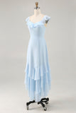 Sky Blue arruffato Scoop Neck A Line Abito da damigella d'onore