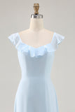 Sky Blue arruffato Scoop Neck A Line Abito da damigella d'onore