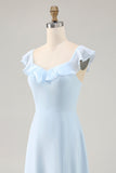 Sky Blue arruffato Scoop Neck A Line Abito da damigella d'onore