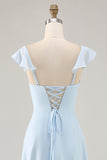 Sky Blue arruffato Scoop Neck A Line Abito da damigella d'onore