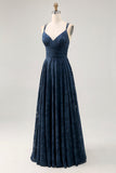 Floreale A Line Navy Stampato Abito da sposa lungo da sposa