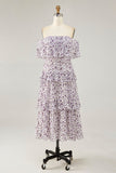 Off The Shoulder Fiore Viola Stampato A Line Abito Da Sposa Ospite