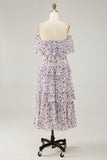 Off The Shoulder Fiore Viola Stampato A Line Abito Da Sposa Ospite
